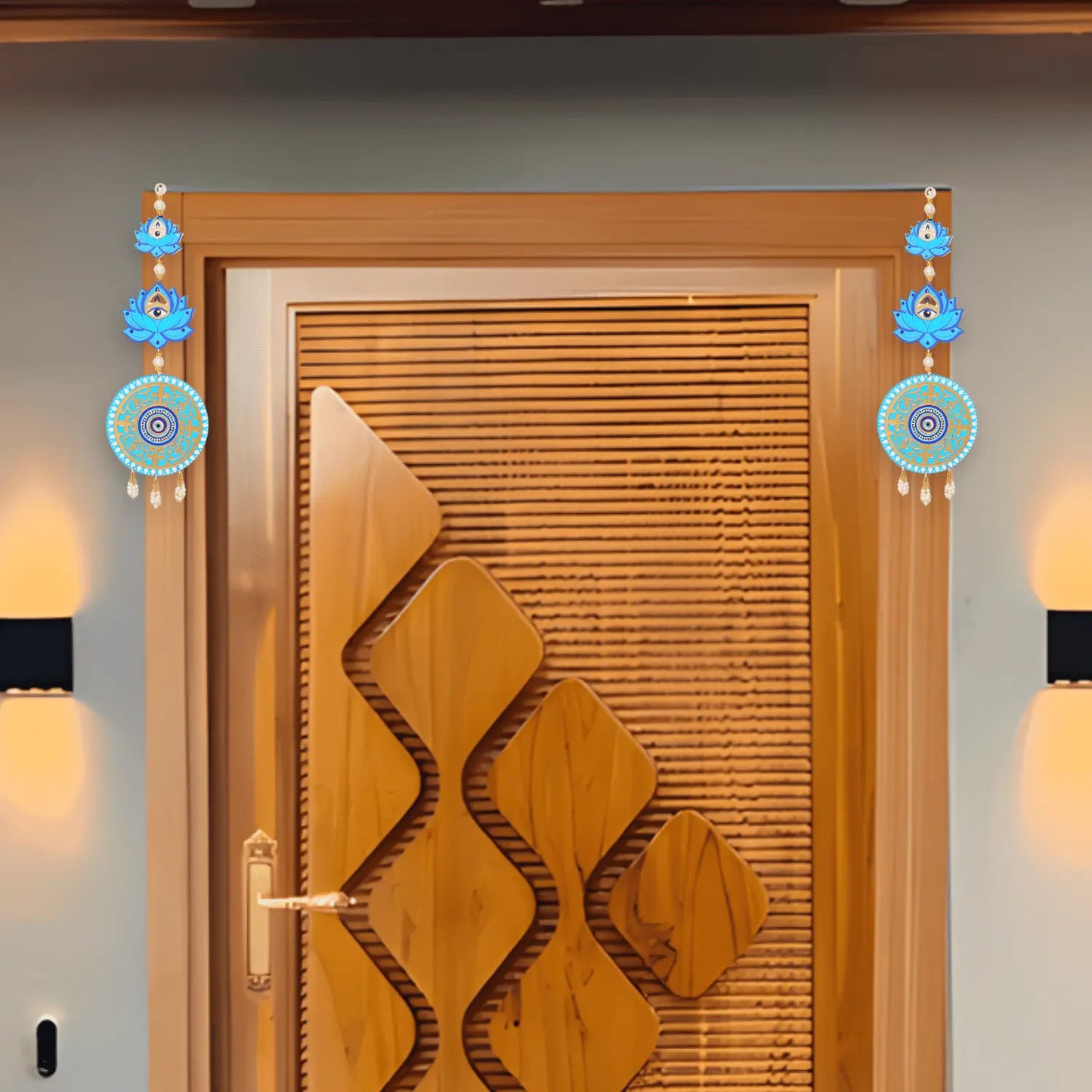 Wooden door with decorative elements on a gray wall