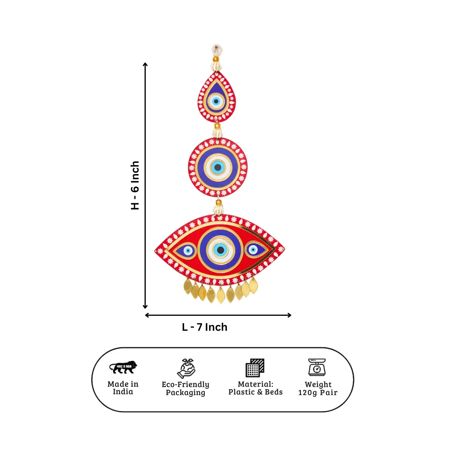 Colorful eye-shaped earrings with measurements and product details on a white background
