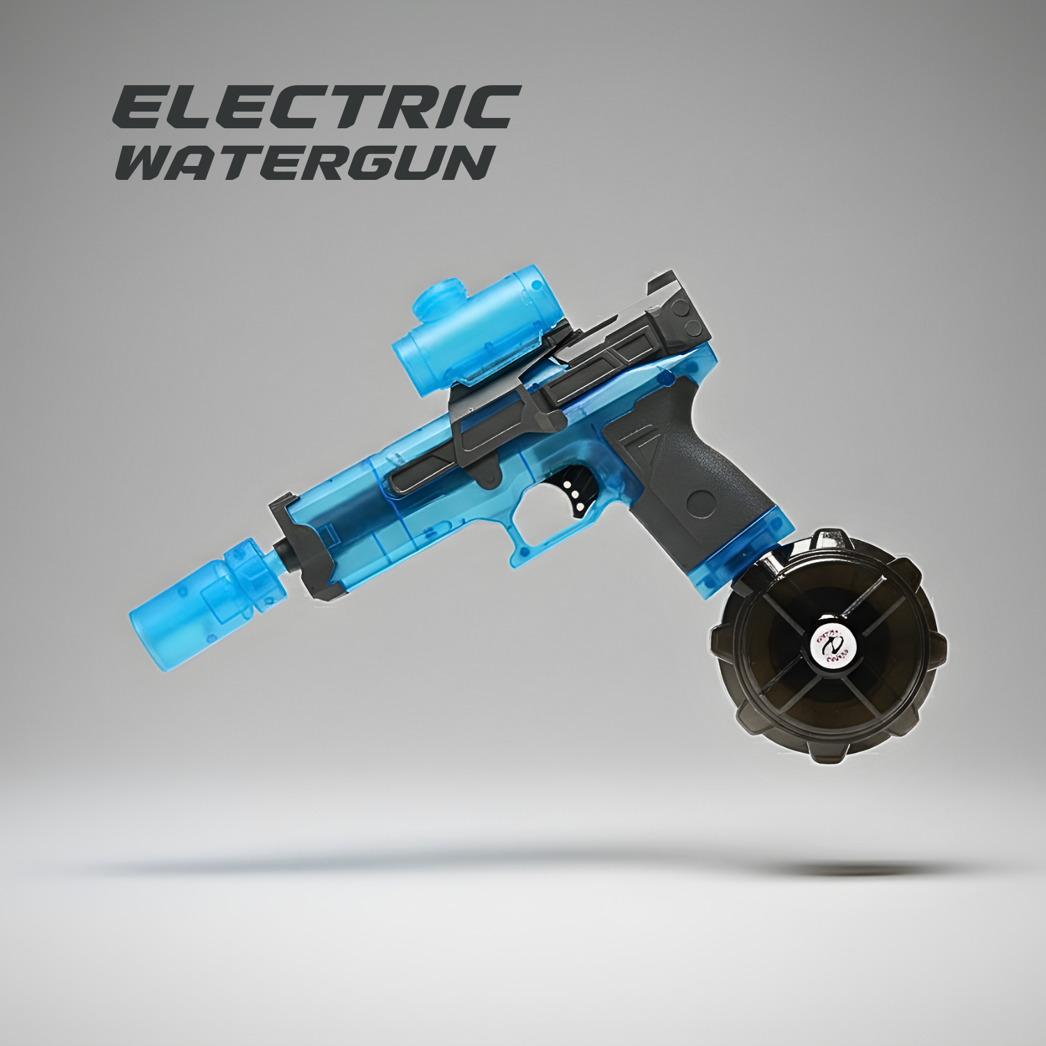 Blue and black electric watergun on a gray background with 'Electric Watergun' text.