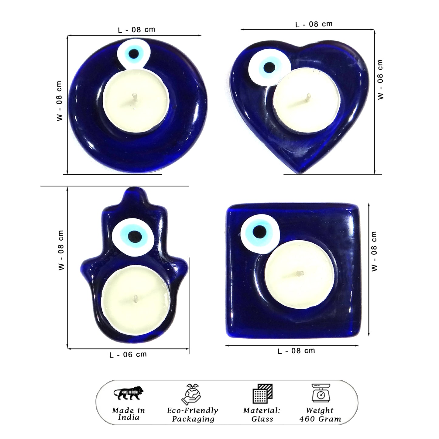 Four blue glass candle holders with measurements on a white background