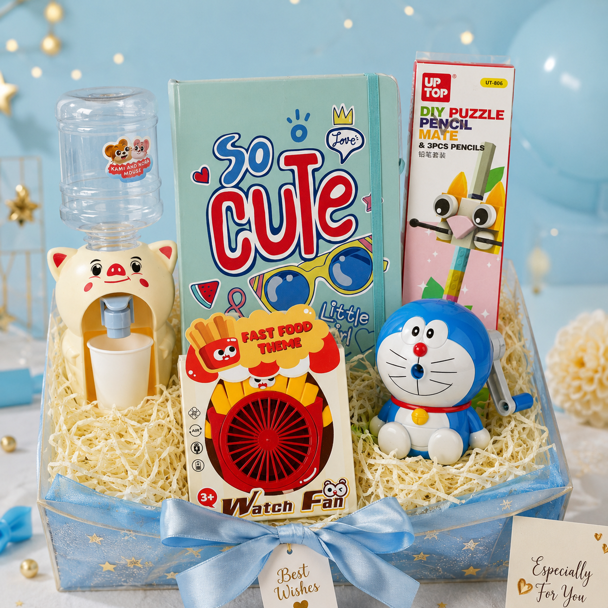 Upharkaro Premium Kids Rakhi Gift Hamper with Cute Diary, Mini Water Dispenser, DIY Puzzle Pencil Set, Doraemon Toy & Designer Rakhi Combo