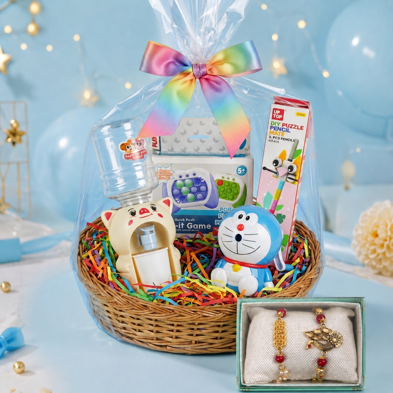 Upharkaro Kids Fun & Learning Gift Hamper Basket with Cute Mini Water Dispenser, Pop-It Game, DIY Puzzle Pencils, Doraemon Toy & Premium Rakhi Gift Set