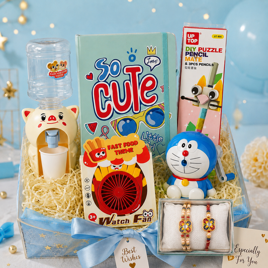 Upharkaro Premium Kids Rakhi Gift Hamper with Cute Diary, Mini Water Dispenser, DIY Puzzle Pencil Set, Doraemon Toy & Designer Rakhi Combo