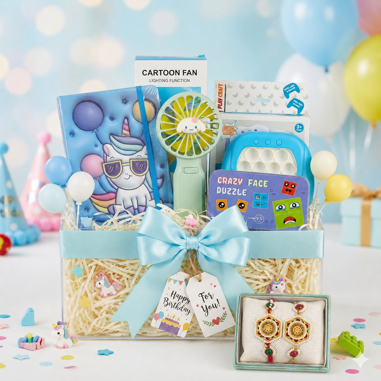 Upharkaro Premium Kids Birthday & Rakhi Gift Hamper with Unicorn Diary, Cartoon Fan, Pop-It Game, Puzzle Cards & Designer Rakhi Set