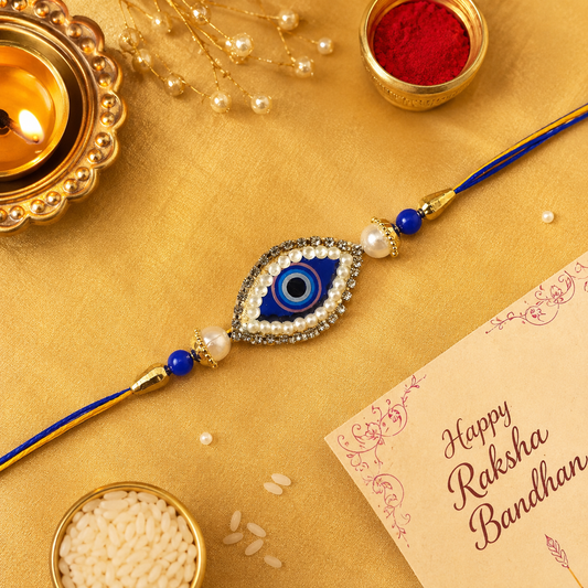 Premium Evil Eye Rakhi with Pearl & Blue Beads for Brother | Designer Nazar Rakhi