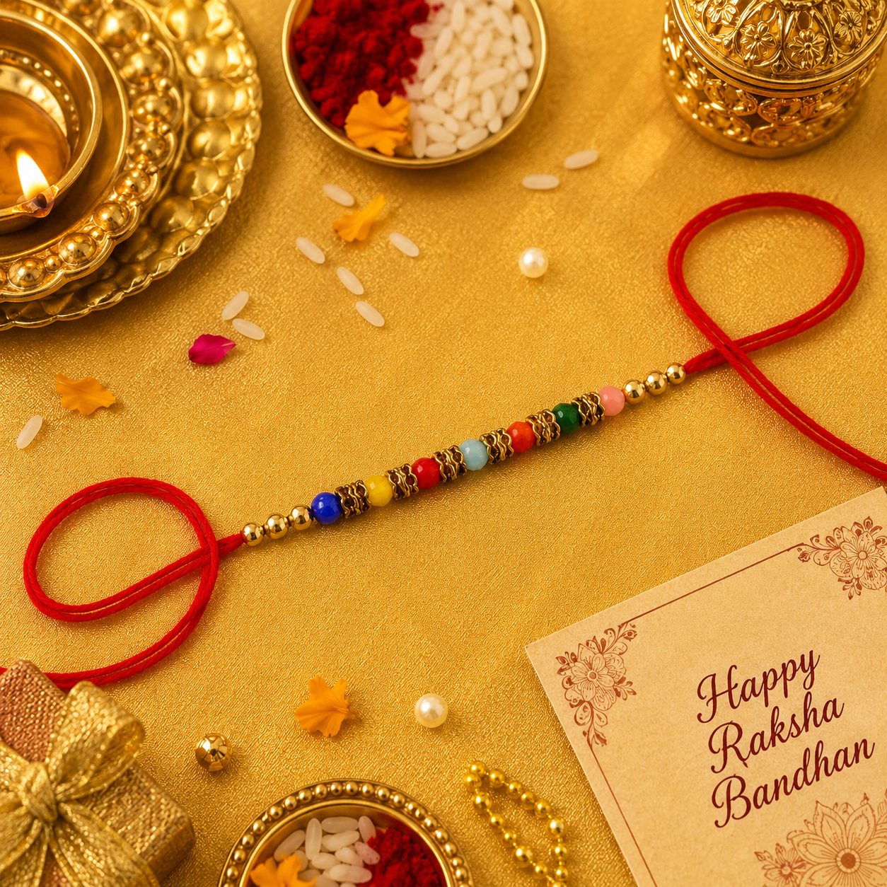 Premium Multicolor Beads Rakhi with Golden Spacers | Simple & Stylish Rakhi for Bhaiya
