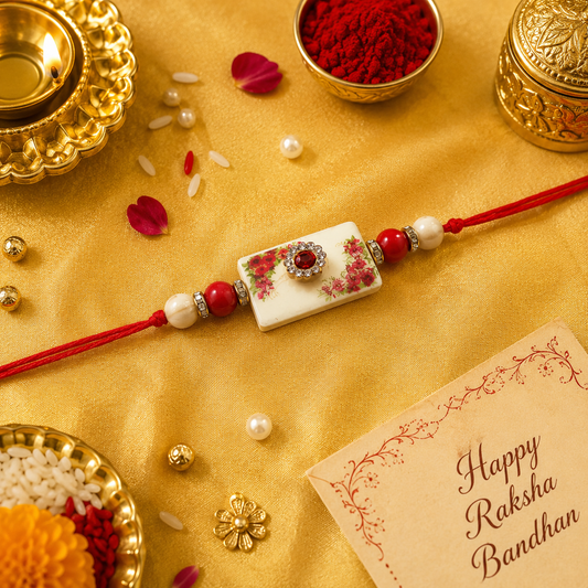 Luxury Floral Rakhi with Crystal Stone & Pearl Accents for Raksha Bandhan