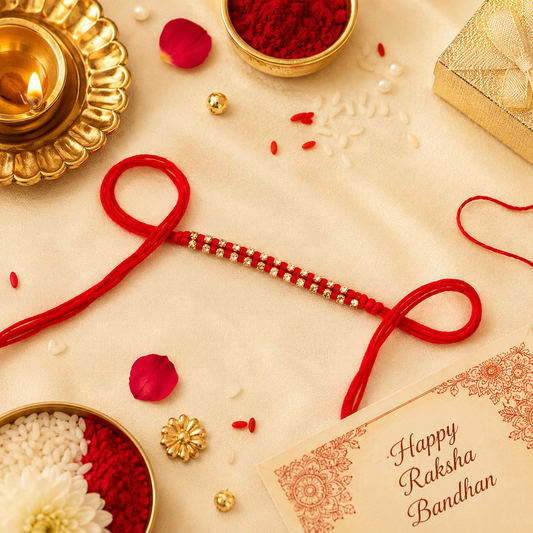 Elegant Minimalist Golden Beaded Rakhi for Brother – Handcrafted Thread