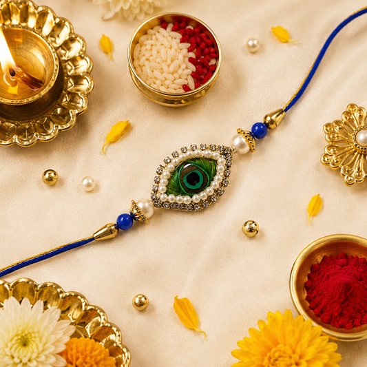 Premium Morpankh (Peacock Feather) Designer Rakhi with Pearls & Blue Beads for Brother/Bhai | Krishna Inspired Rakhi