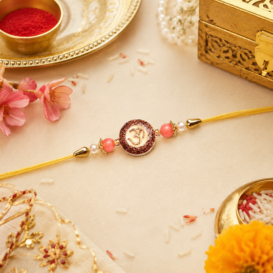 Premium Om Designer Rakhi with Pearl & Peach Beads for Brother | Auspicious Rakhi By Upharkaro