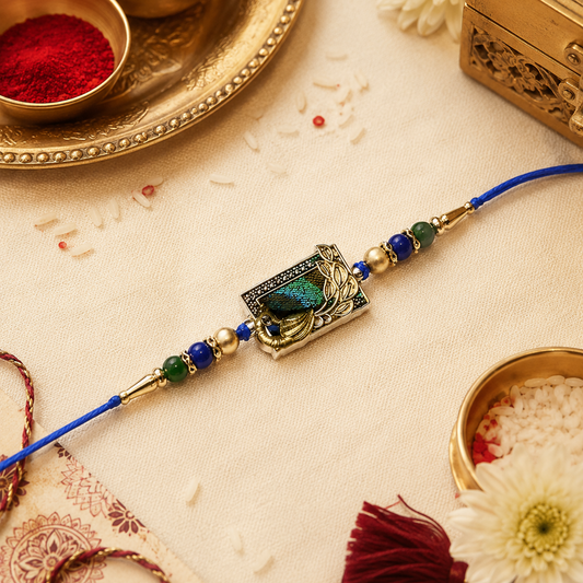 Premium Peacock Designer Rakhi with Green & Blue Beads for Brother | Elegant Mayur Rakhi By Upharkaro