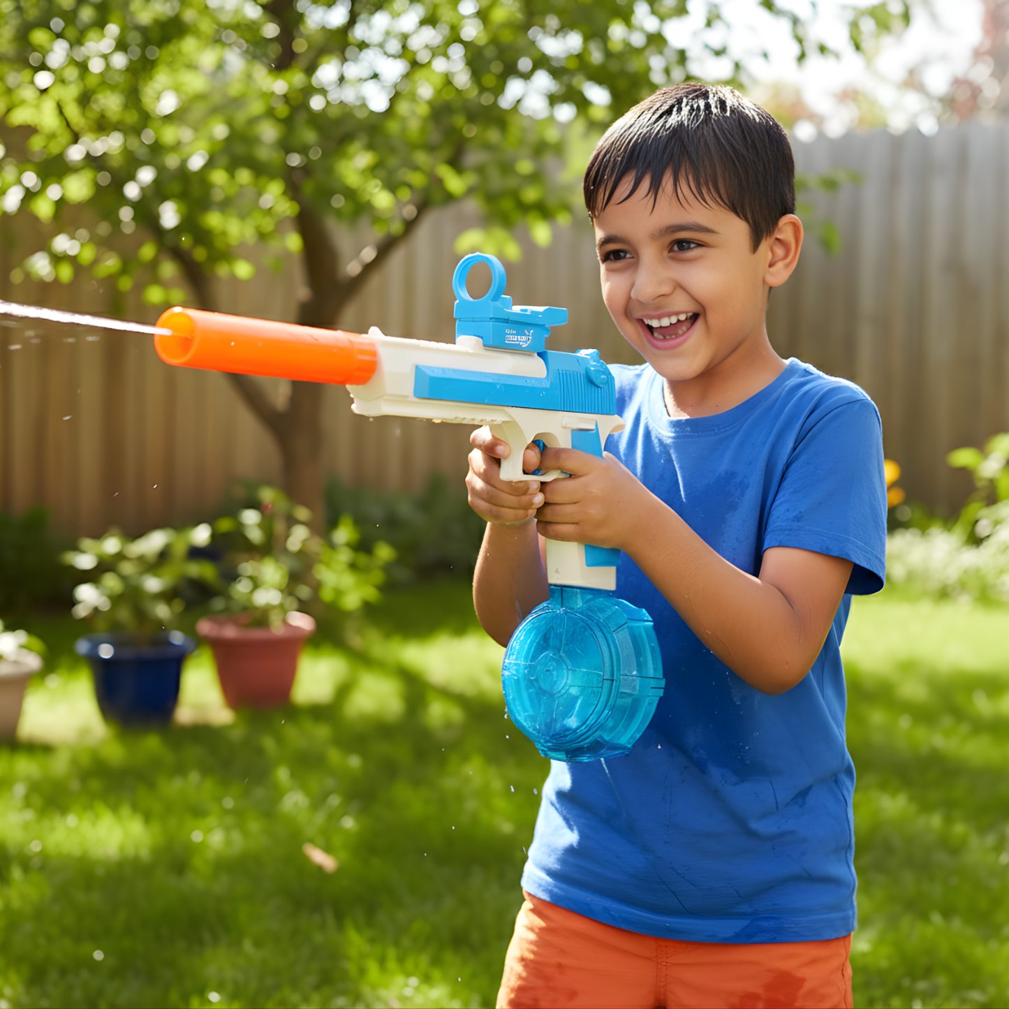 Child playing with a water gun in a backyard