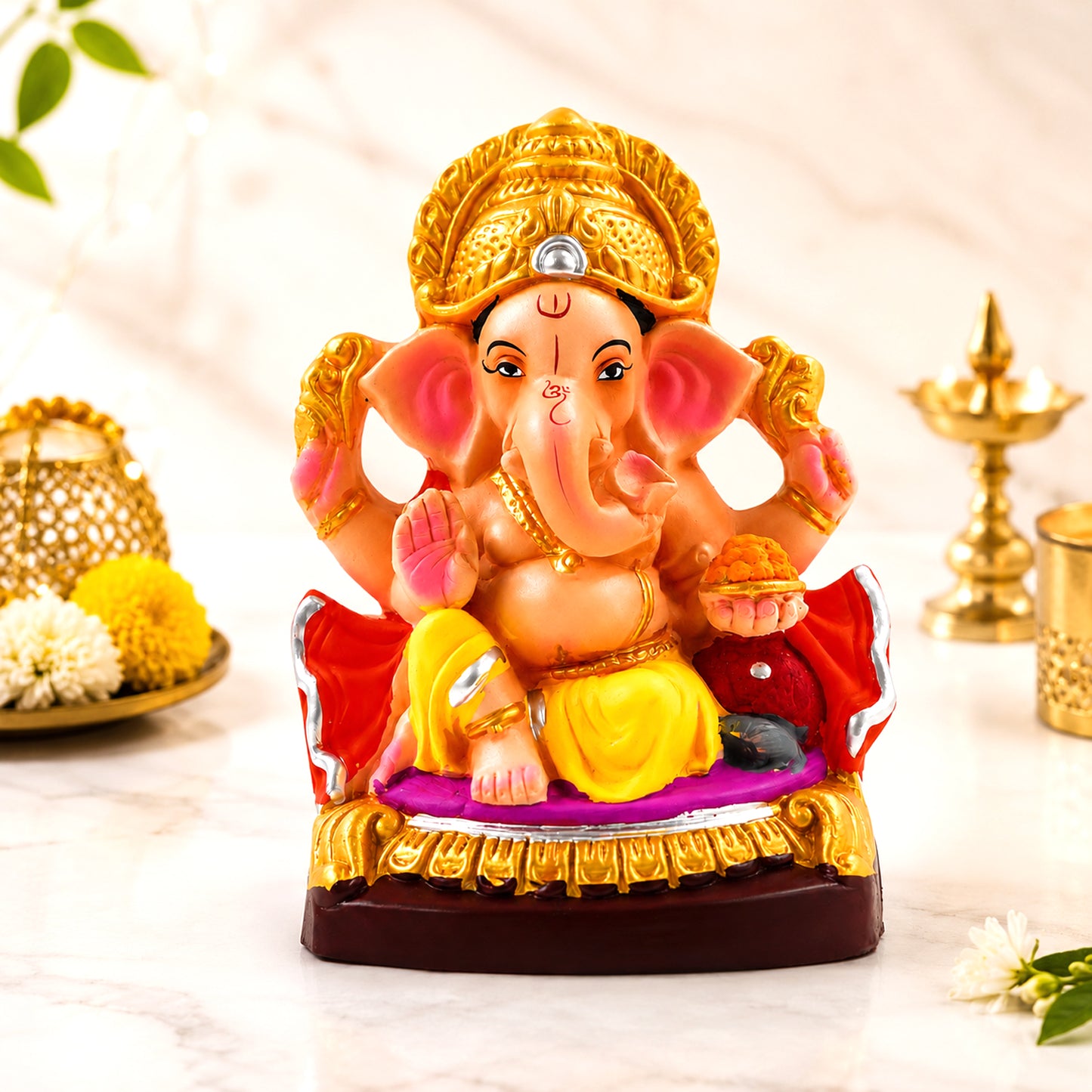 Decorative Clay Lord Ganesha Idol 8.5 Inch | Eco-Friendly Completely Water-Soluble Ganesh Murti for Ganesh Chaturthi, Home Temple, Office & Gift