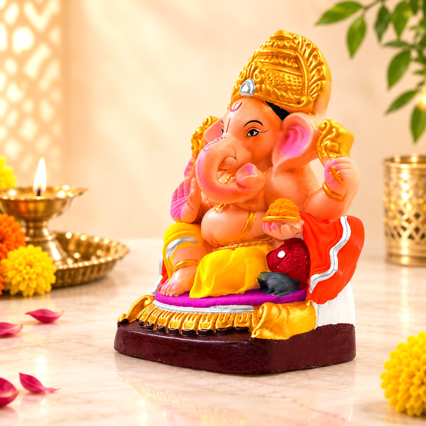 Decorative Clay Lord Ganesha Idol 8.5 Inch | Eco-Friendly Completely Water-Soluble Ganesh Murti for Ganesh Chaturthi, Home Temple, Office & Gift