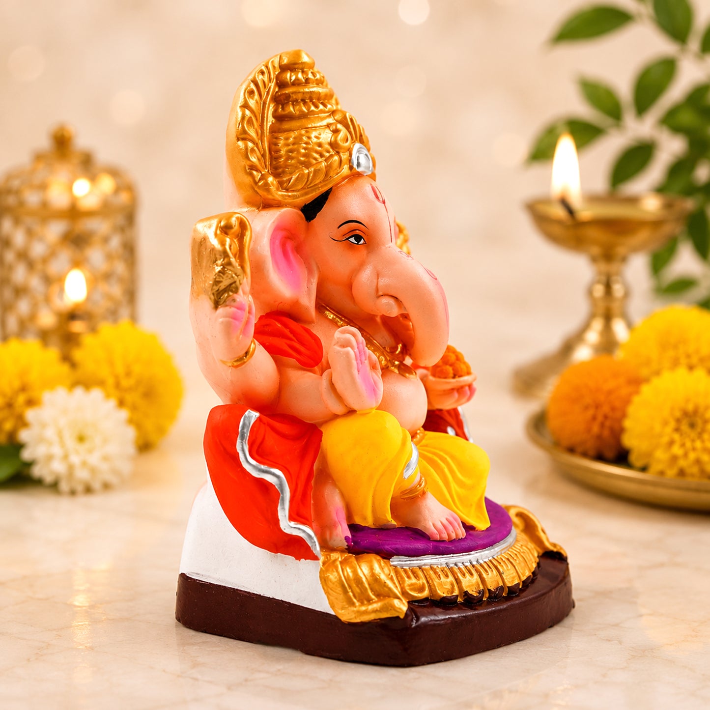 Decorative Clay Lord Ganesha Idol 8.5 Inch | Eco-Friendly Completely Water-Soluble Ganesh Murti for Ganesh Chaturthi, Home Temple, Office & Gift