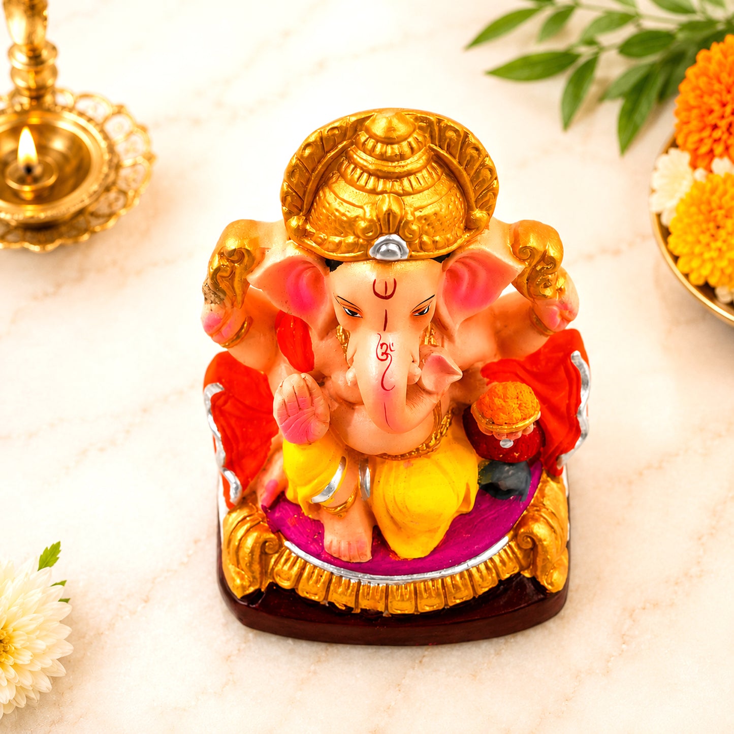 Decorative Clay Lord Ganesha Idol 8.5 Inch | Eco-Friendly Completely Water-Soluble Ganesh Murti for Ganesh Chaturthi, Home Temple, Office & Gift