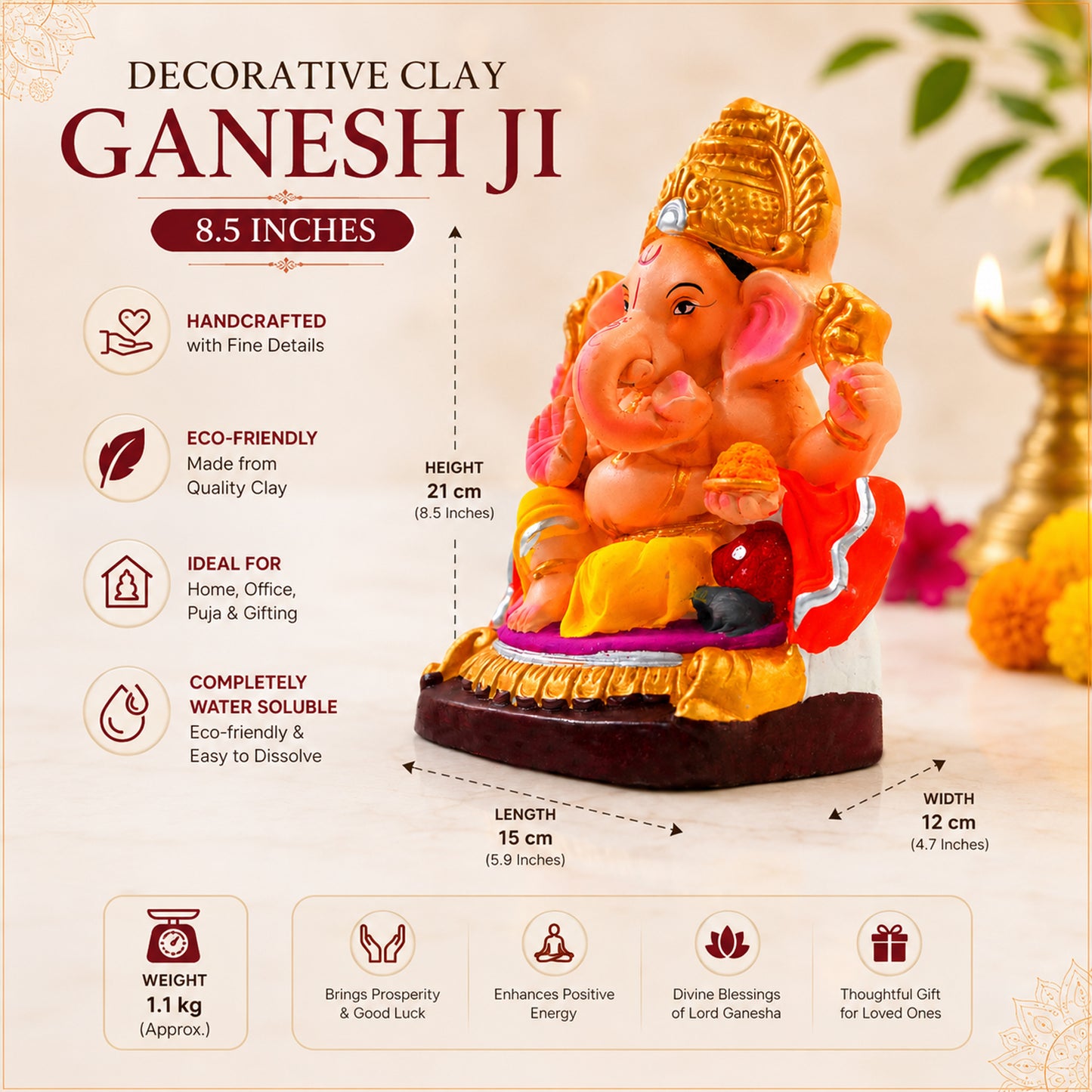 Decorative Clay Lord Ganesha Idol 8.5 Inch | Eco-Friendly Completely Water-Soluble Ganesh Murti for Ganesh Chaturthi, Home Temple, Office & Gift