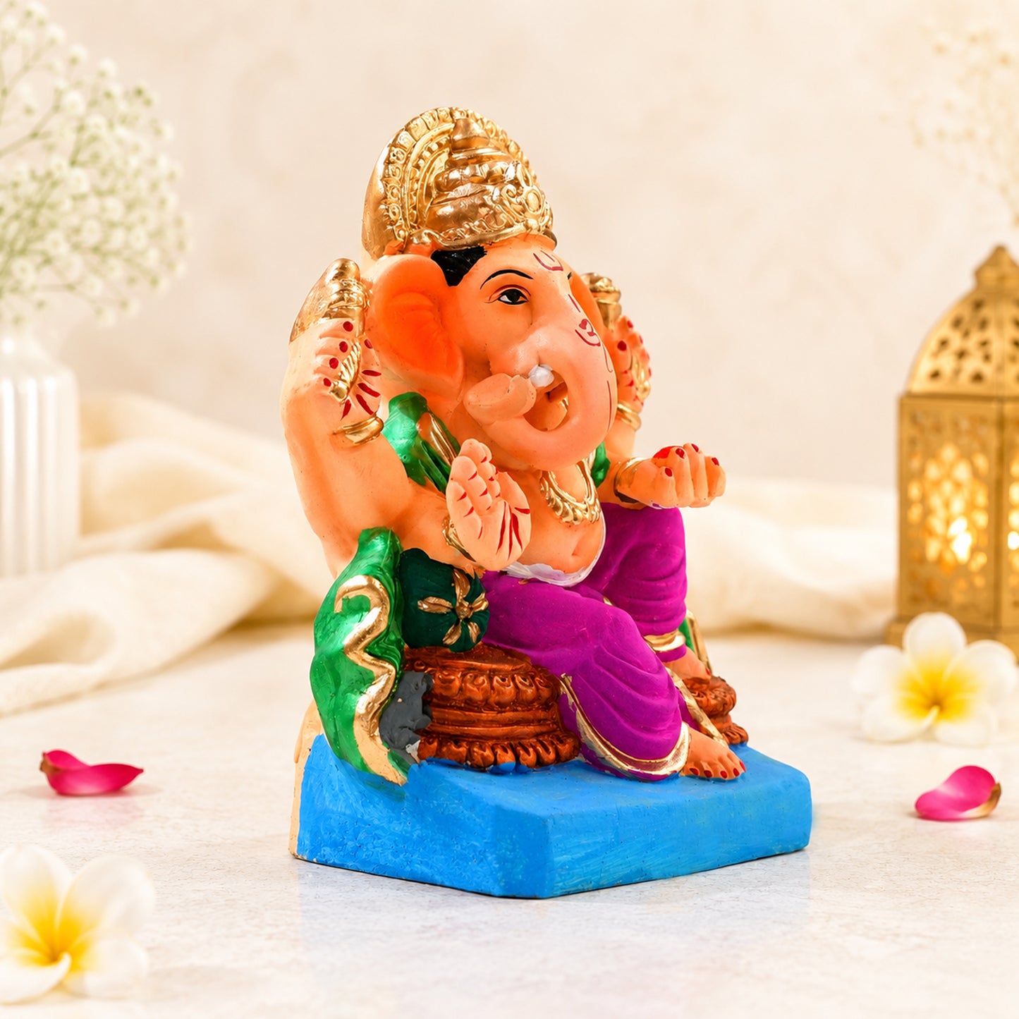 Decorative Eco-Friendly Clay Ganesh Idol 8.5 Inch with Golden Crown | Water-Soluble Ganesh Murti for for Ganesh Chaturthi, Home Temple & Gift