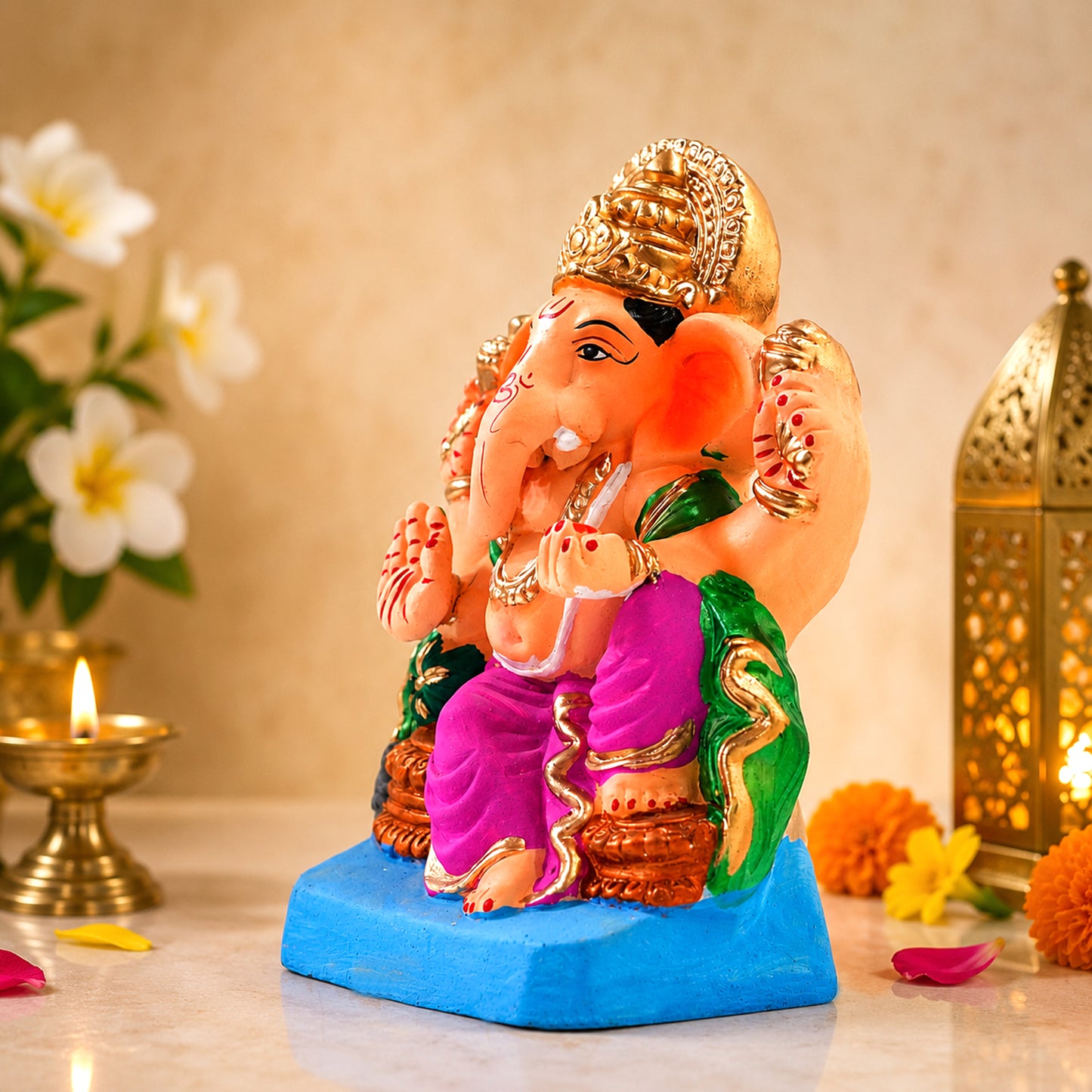 Decorative Eco-Friendly Clay Ganesh Idol 8.5 Inch with Golden Crown | Water-Soluble Ganesh Murti for for Ganesh Chaturthi, Home Temple & Gift
