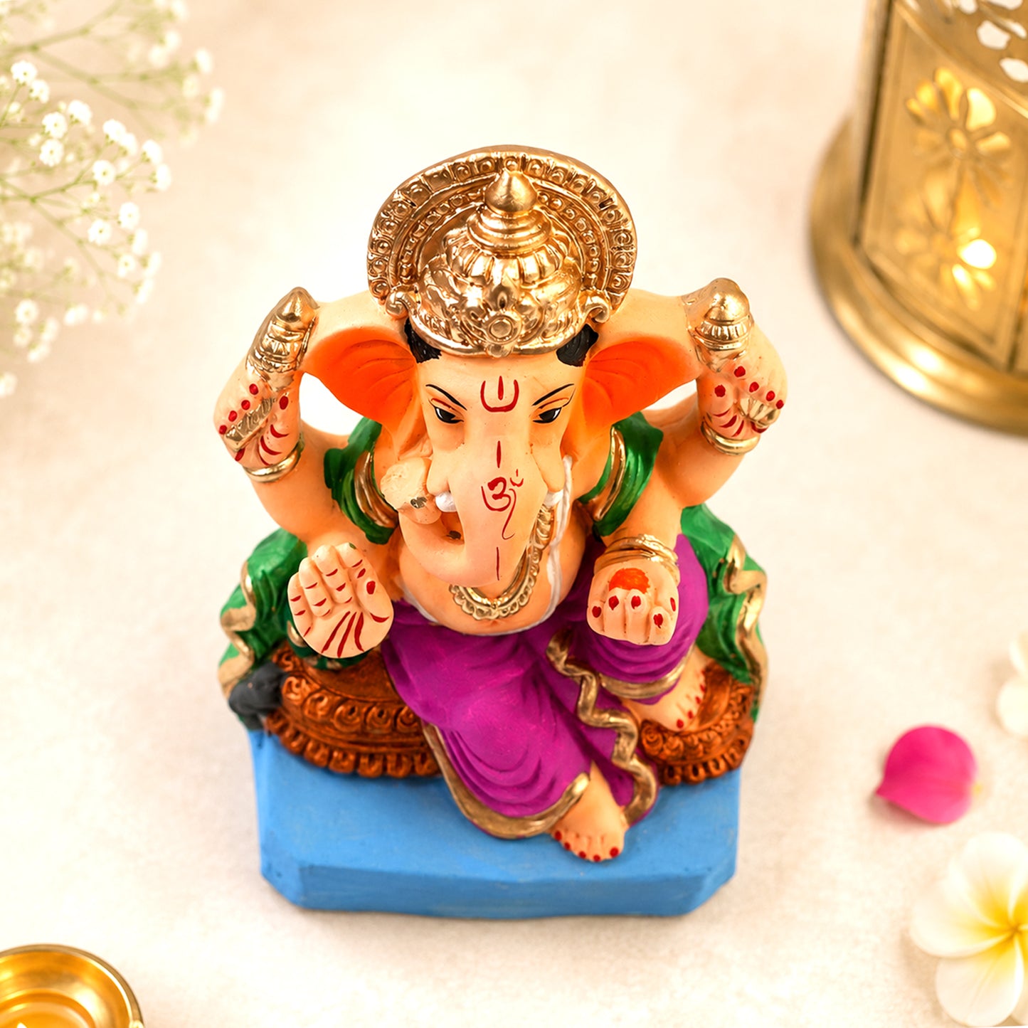 Decorative Eco-Friendly Clay Ganesh Idol 8.5 Inch with Golden Crown | Water-Soluble Ganesh Murti for for Ganesh Chaturthi, Home Temple & Gift