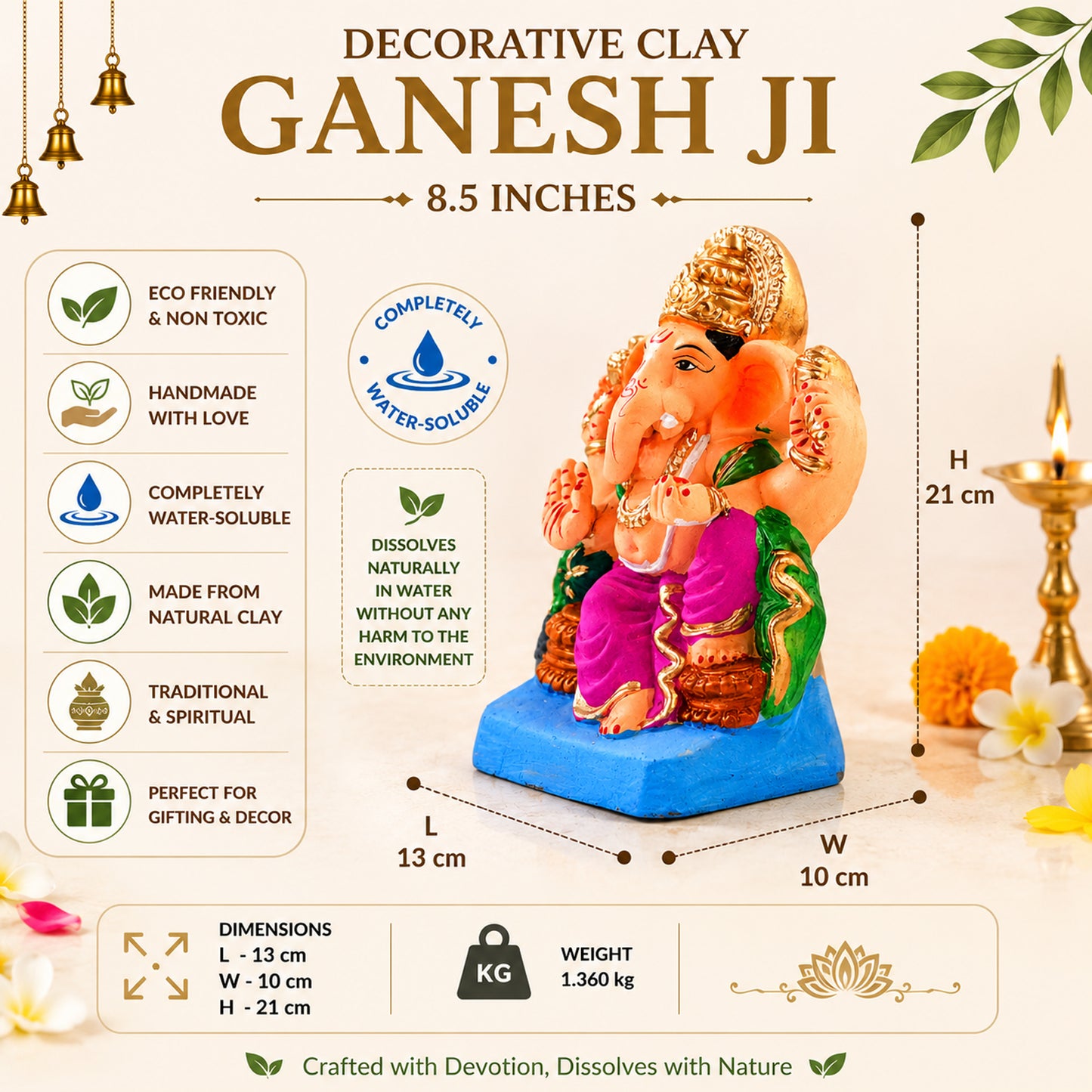 Decorative Eco-Friendly Clay Ganesh Idol 8.5 Inch with Golden Crown | Water-Soluble Ganesh Murti for for Ganesh Chaturthi, Home Temple & Gift
