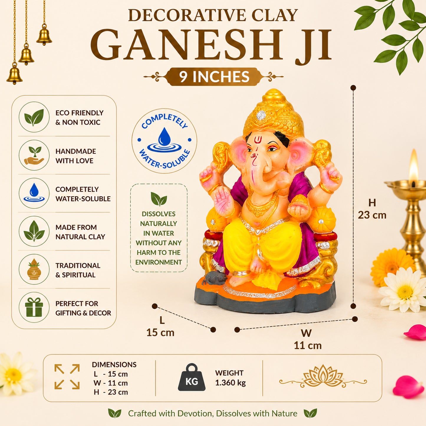 Handcrafted Eco-Friendly Clay Lord Ganesha Idol 9 Inch | Water-Soluble Ganesh Murti for Ganesh Chaturthi, Home Temple, Office Desk & Spiritual Gift