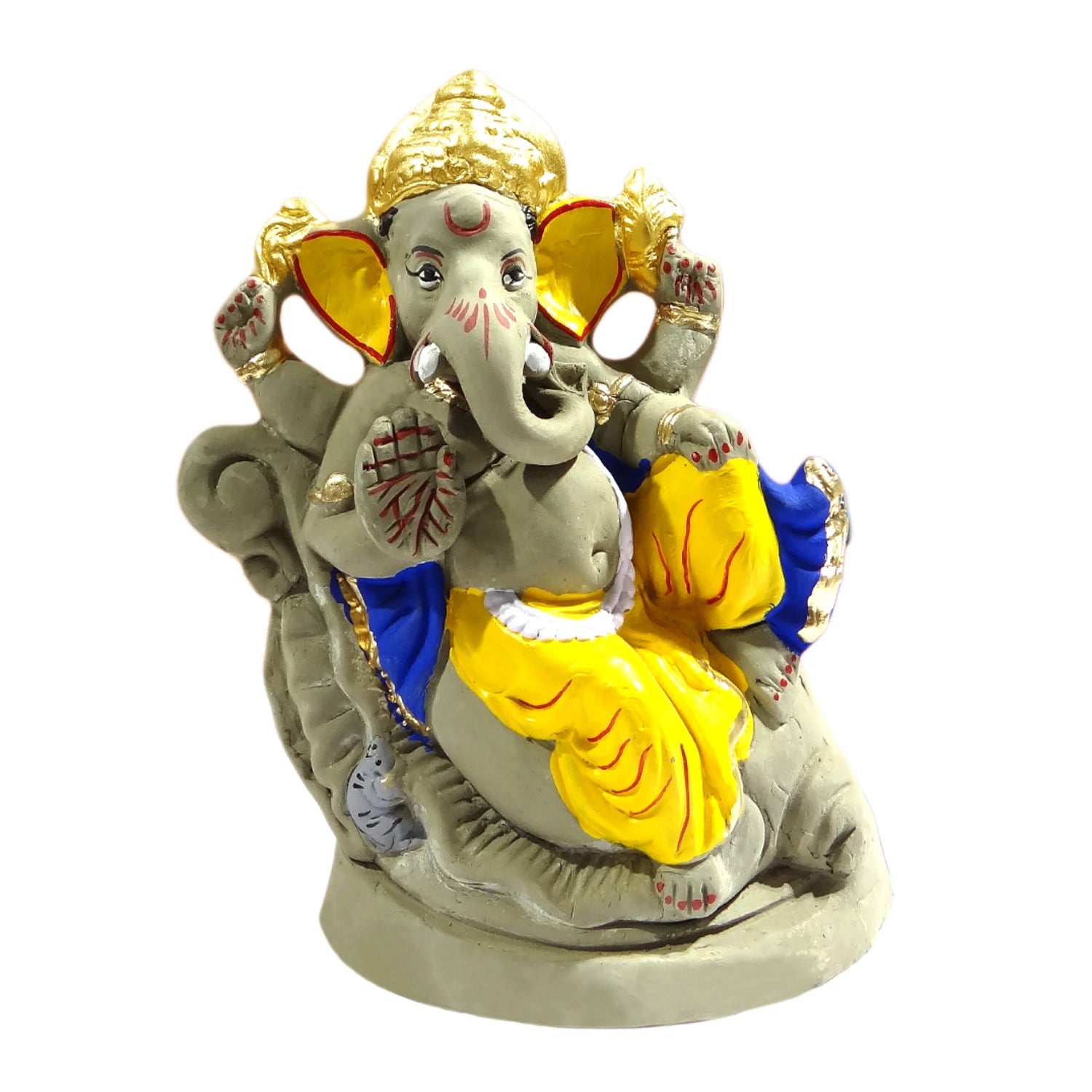 Decorative statue of a deity with colorful attire on a white background