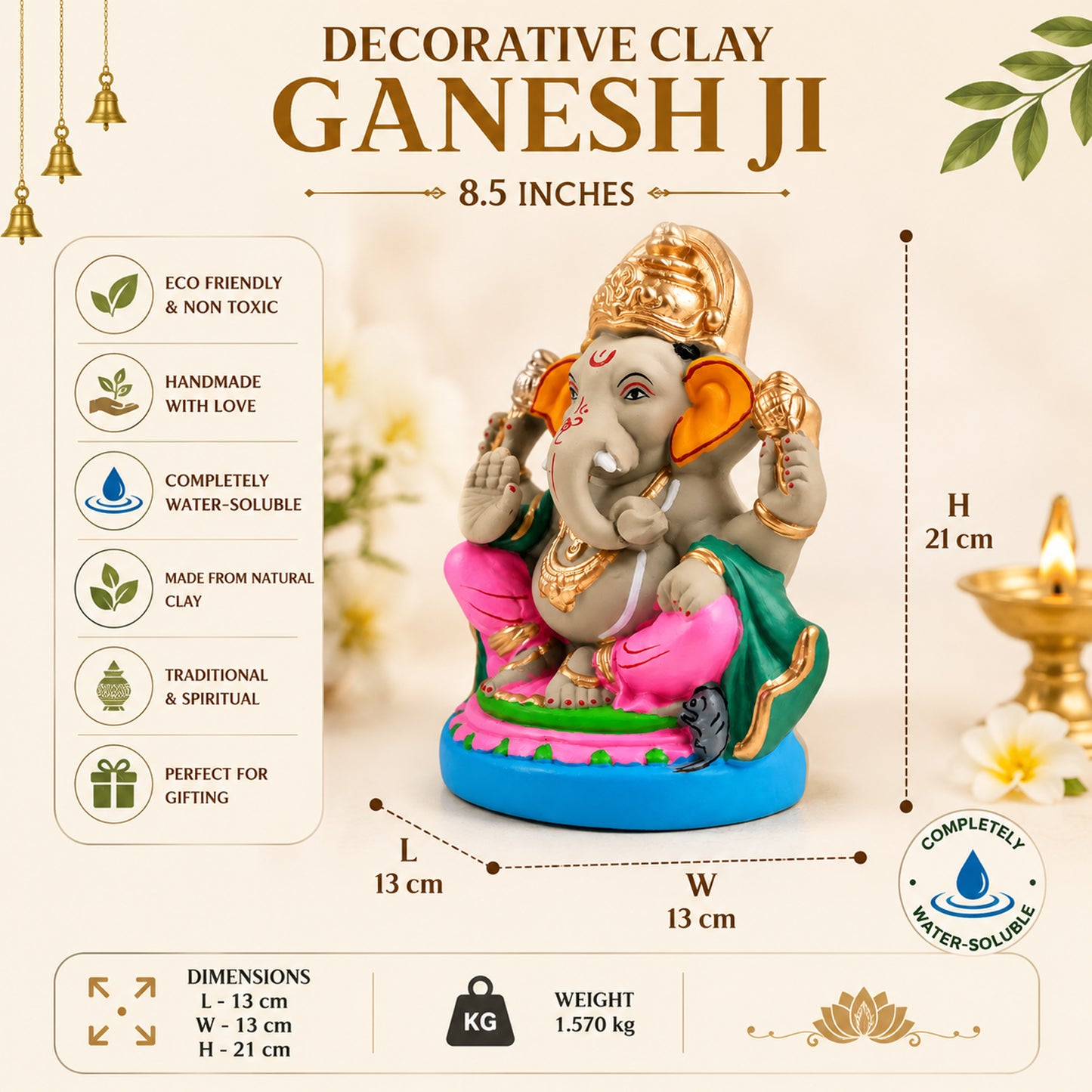 Handcrafted Clay Lord Ganesha Idol 8.5 Inch | Eco-Friendly Water-Soluble Ganesh Murti for Ganesh Chaturthi, Home Temple & Gift