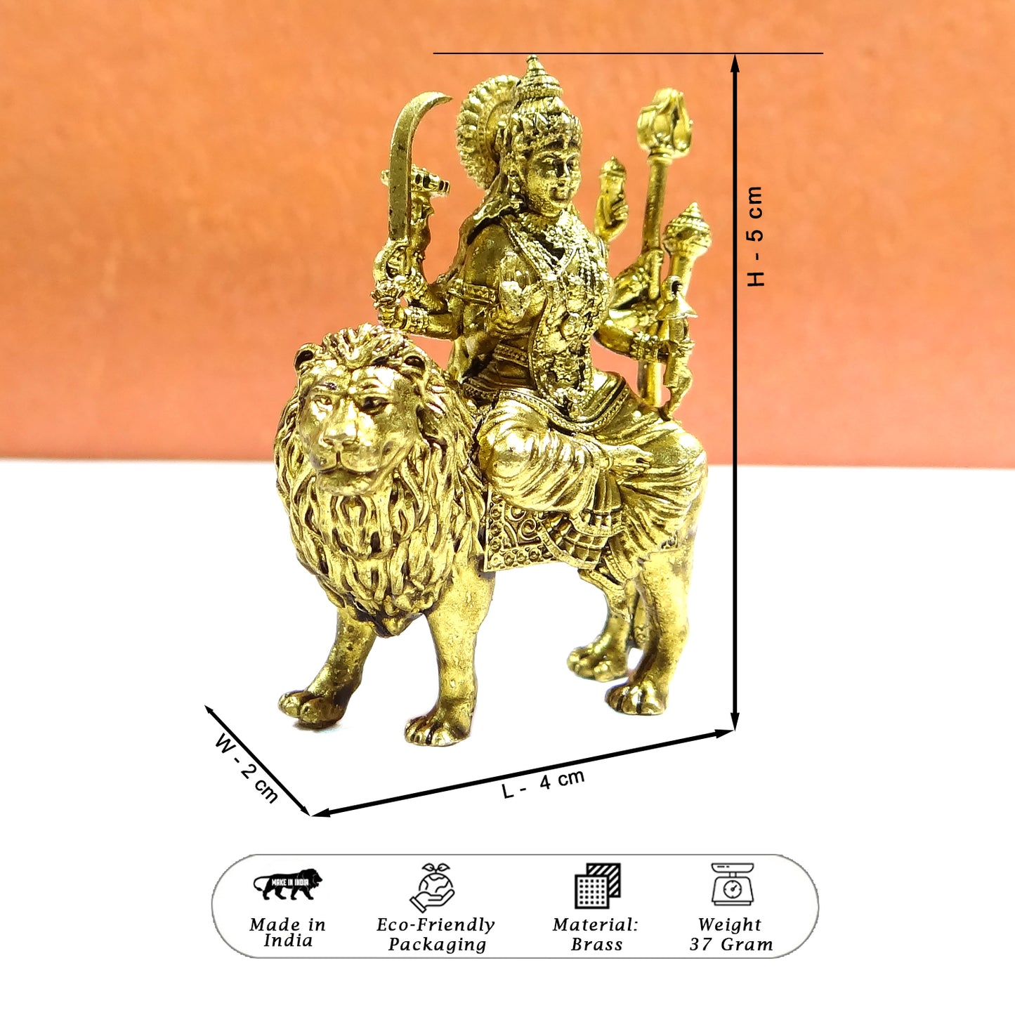 Gold-colored statue of a deity on a lion with dimensions and product details on a white and orange background