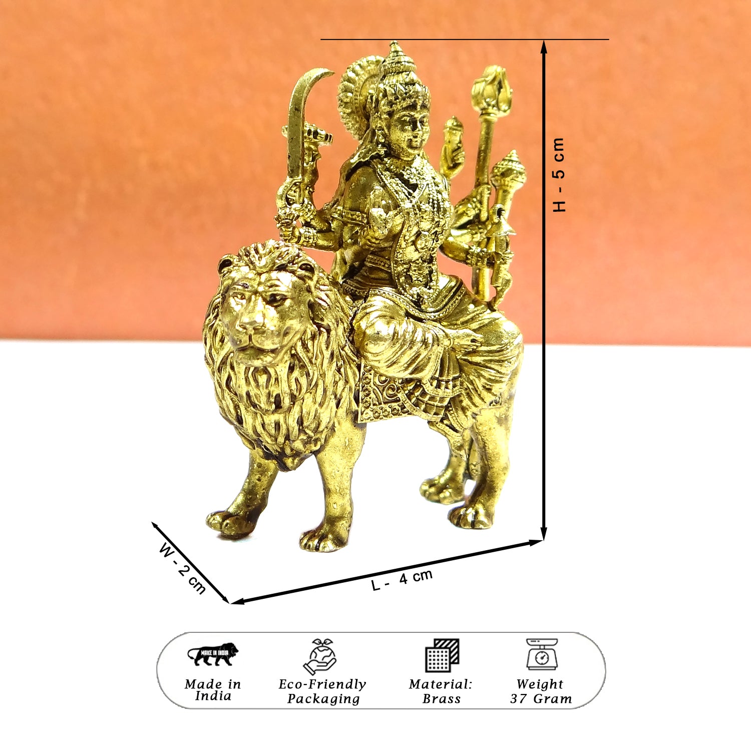 Gold-colored statue of a deity on a lion with dimensions and product details on a white and orange background