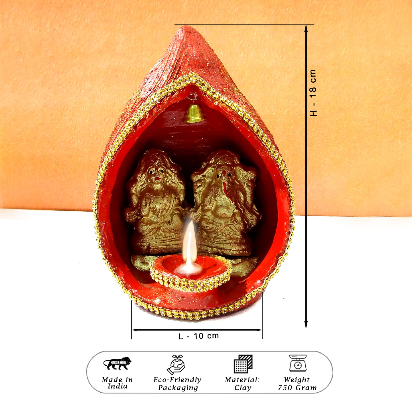 Decorative red shrine with clay idols and a candle, showing dimensions and material details.