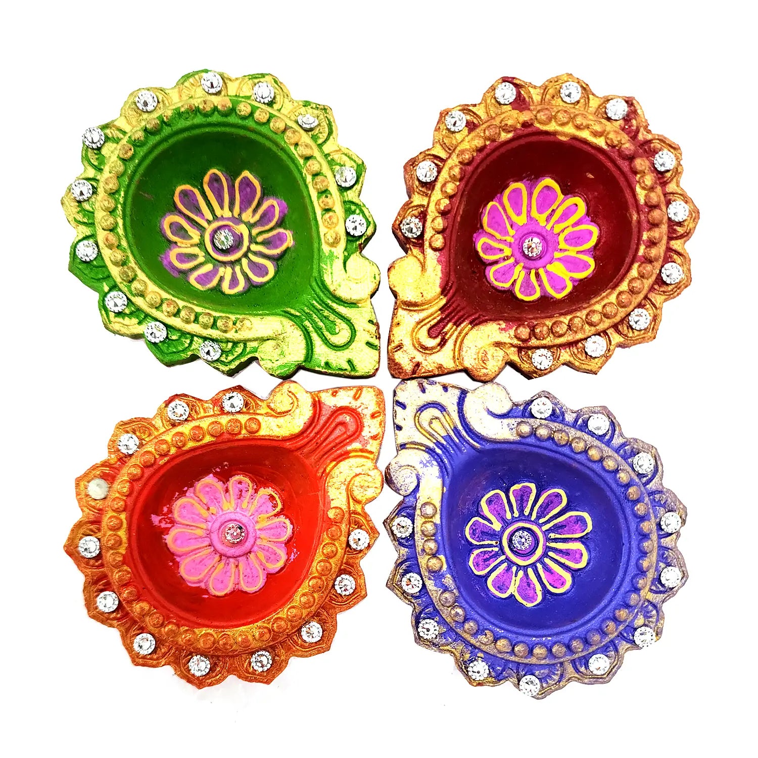 Four colorful decorative items with floral designs on a white background