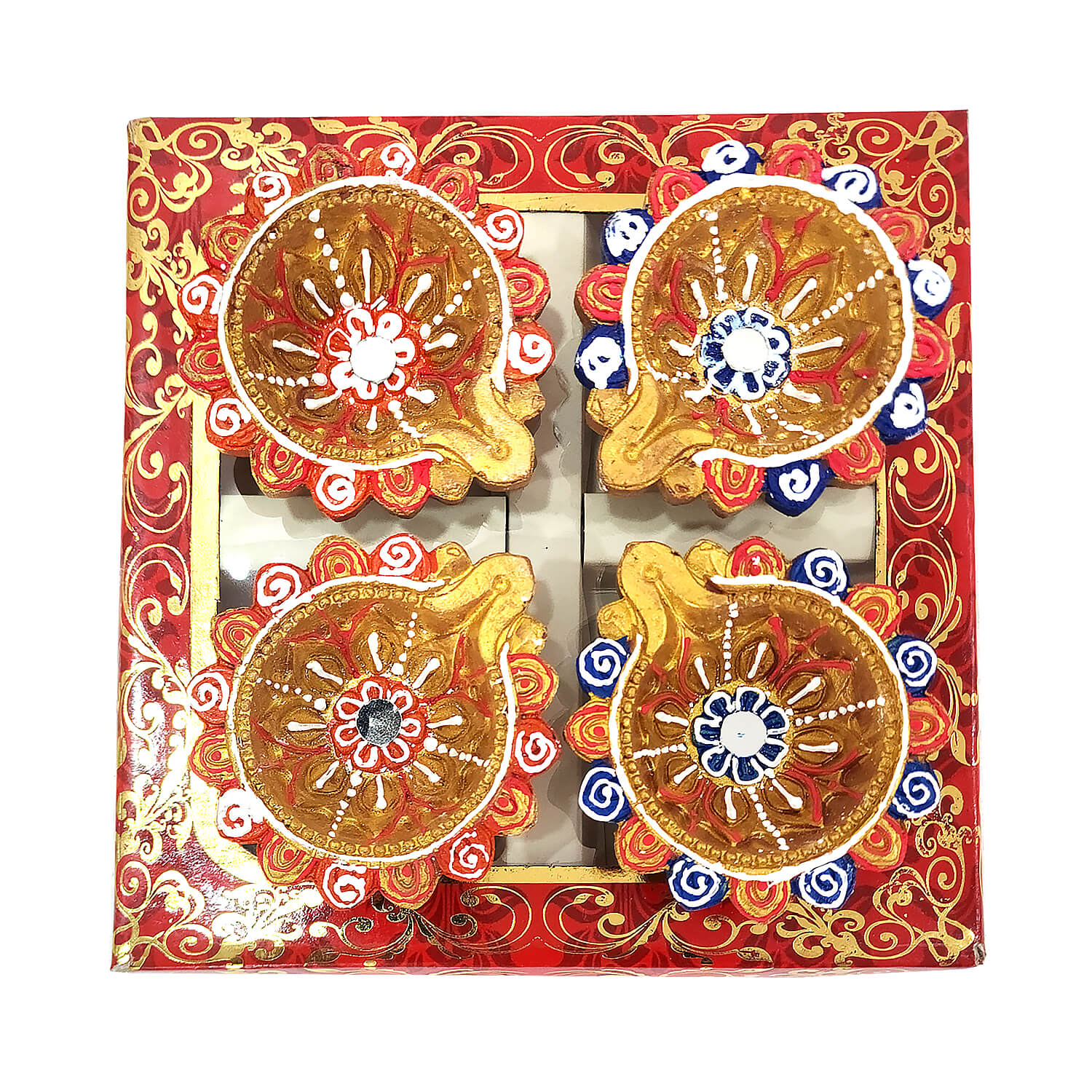 Decorative items in a red box with gold and blue designs