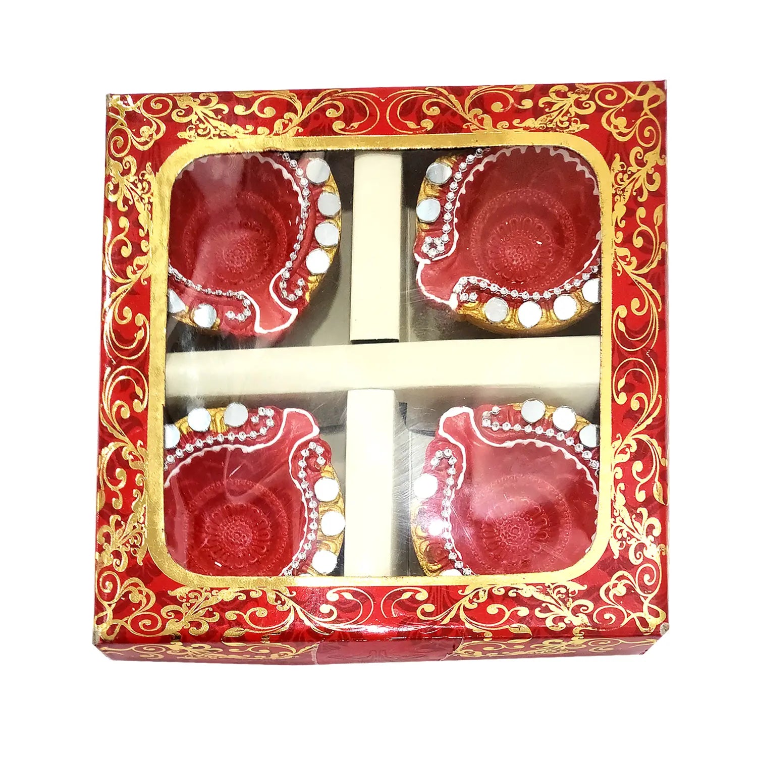 Red and gold decorative box with four red items inside on a white background