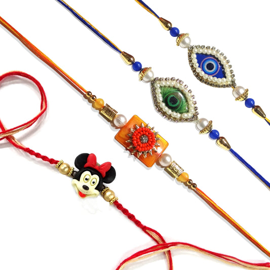 Peacock & Evil Eye Designer Rakhi with Kids Rakhi – Combo Set of 4 for Brothers | Upharkaro-Upharkaro