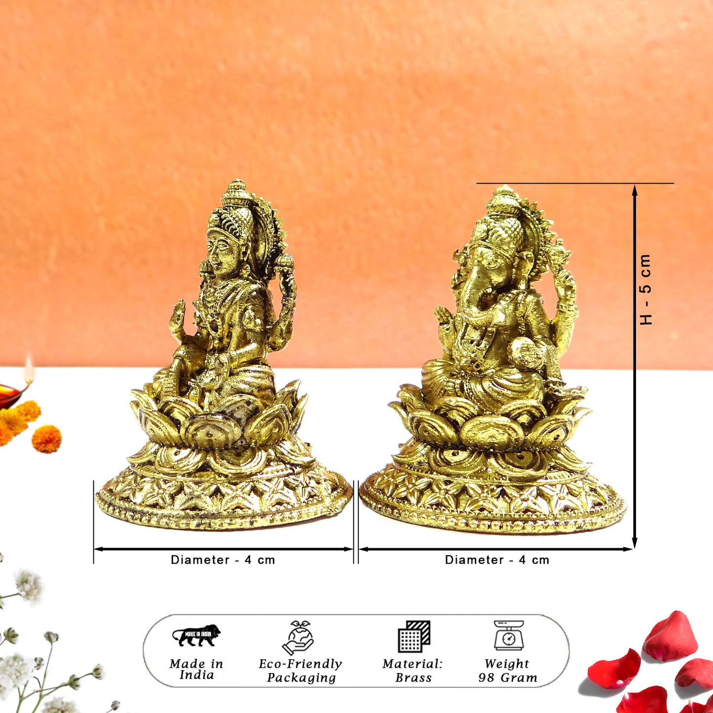 Two gold-colored statues on a white surface with dimensions and product details.