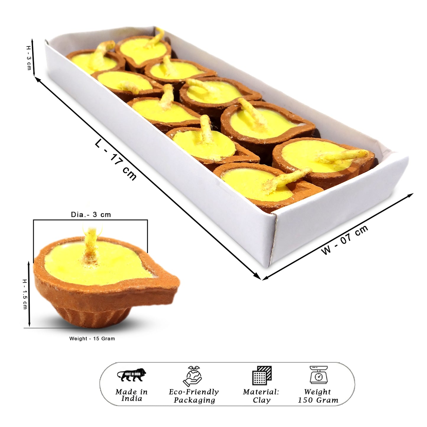 Box of clay Diyas with dimensions and product details on a white background