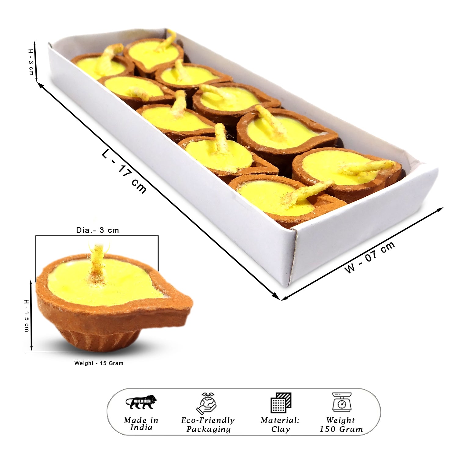 Box of clay Diyas with dimensions and product details on a white background