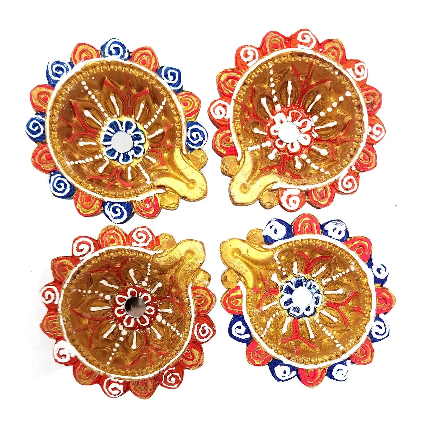 Four decorative circular items with intricate designs on a white background