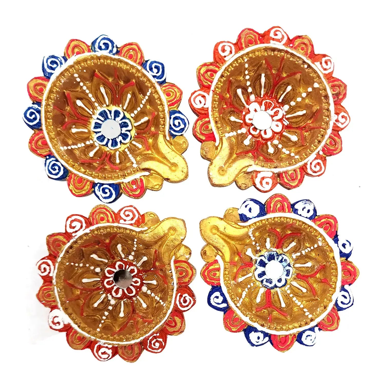 Four decorative circular items with intricate designs on a white background