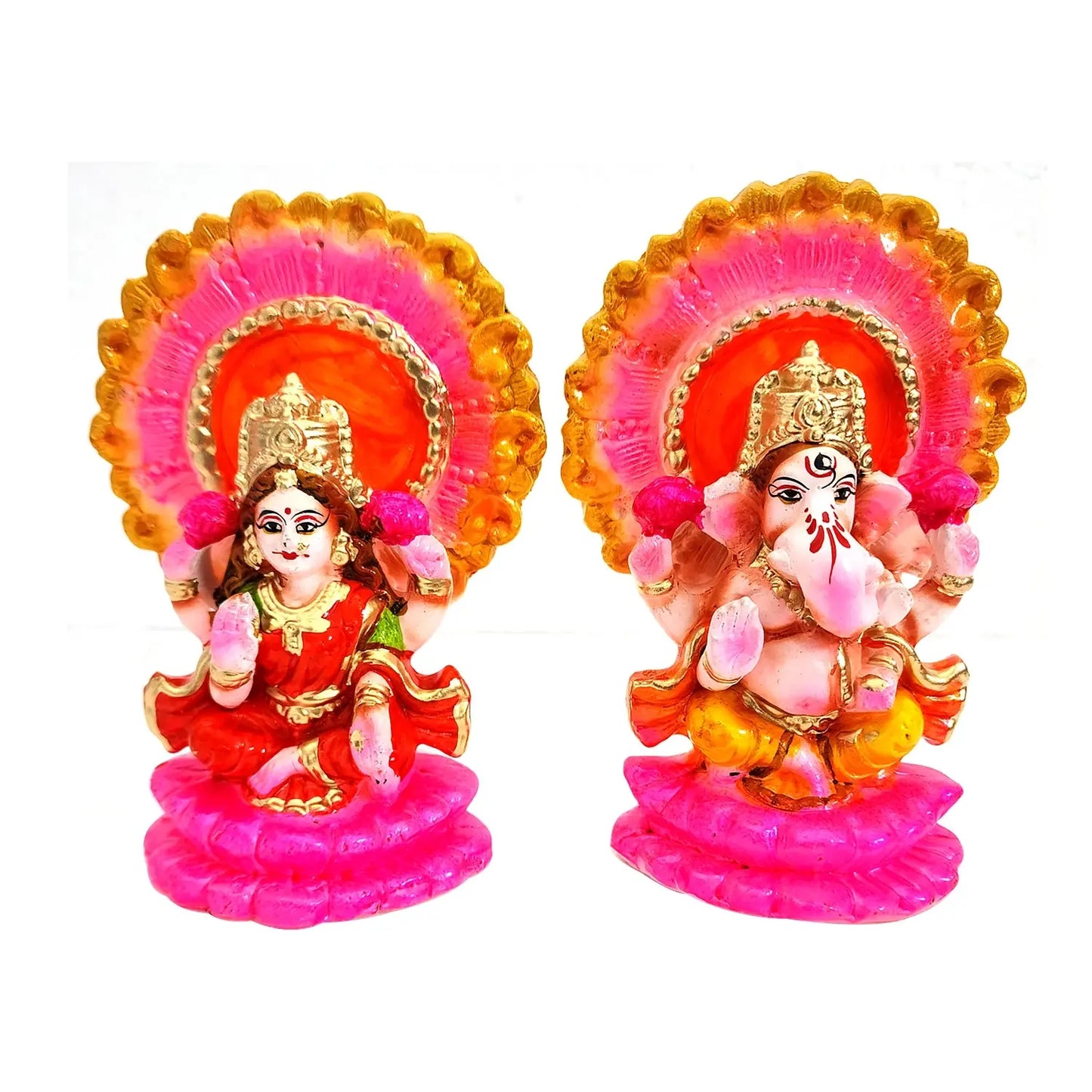 Two colorful figurines with pink and gold accents on a white background