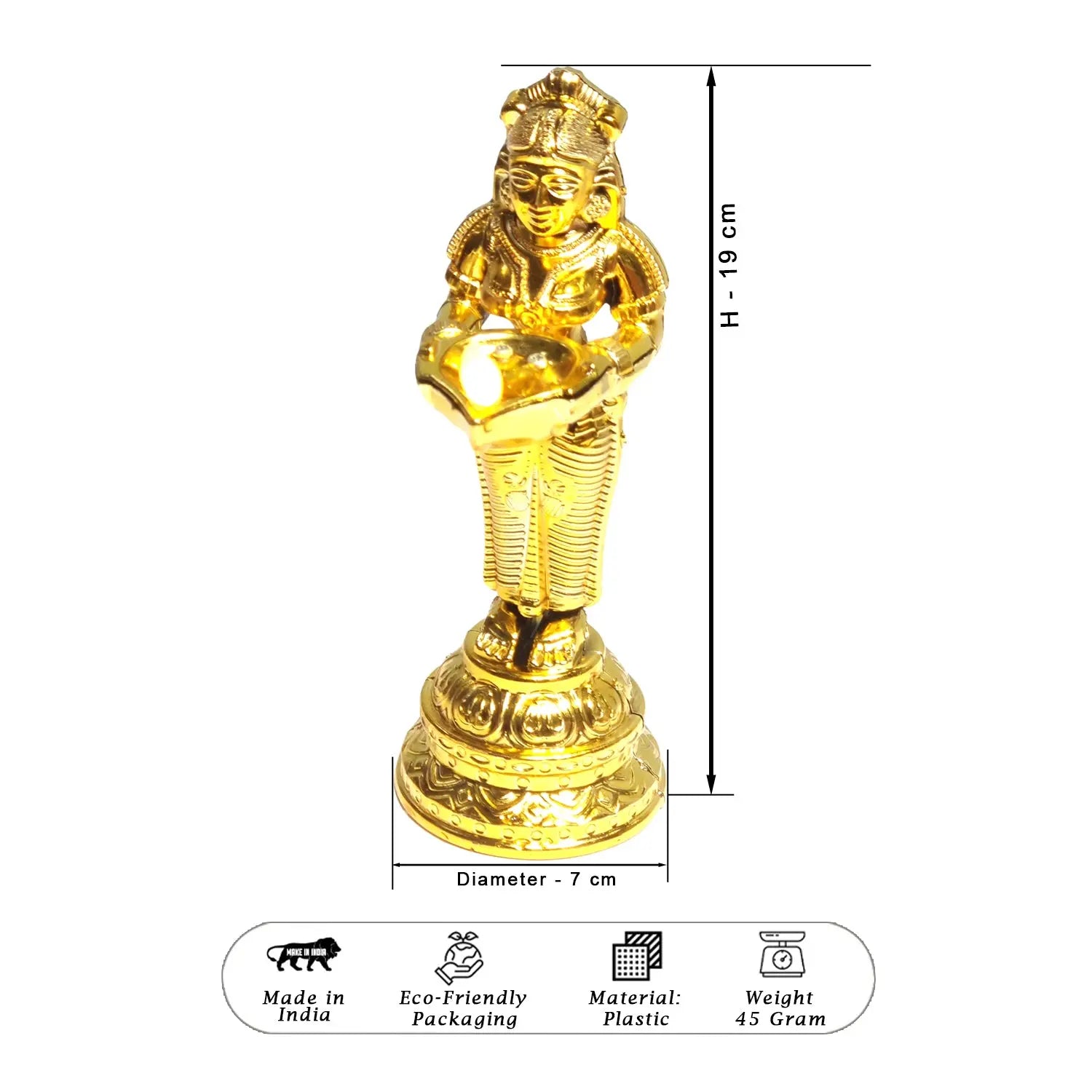 Gold-colored statue with dimensions and product details on a white background