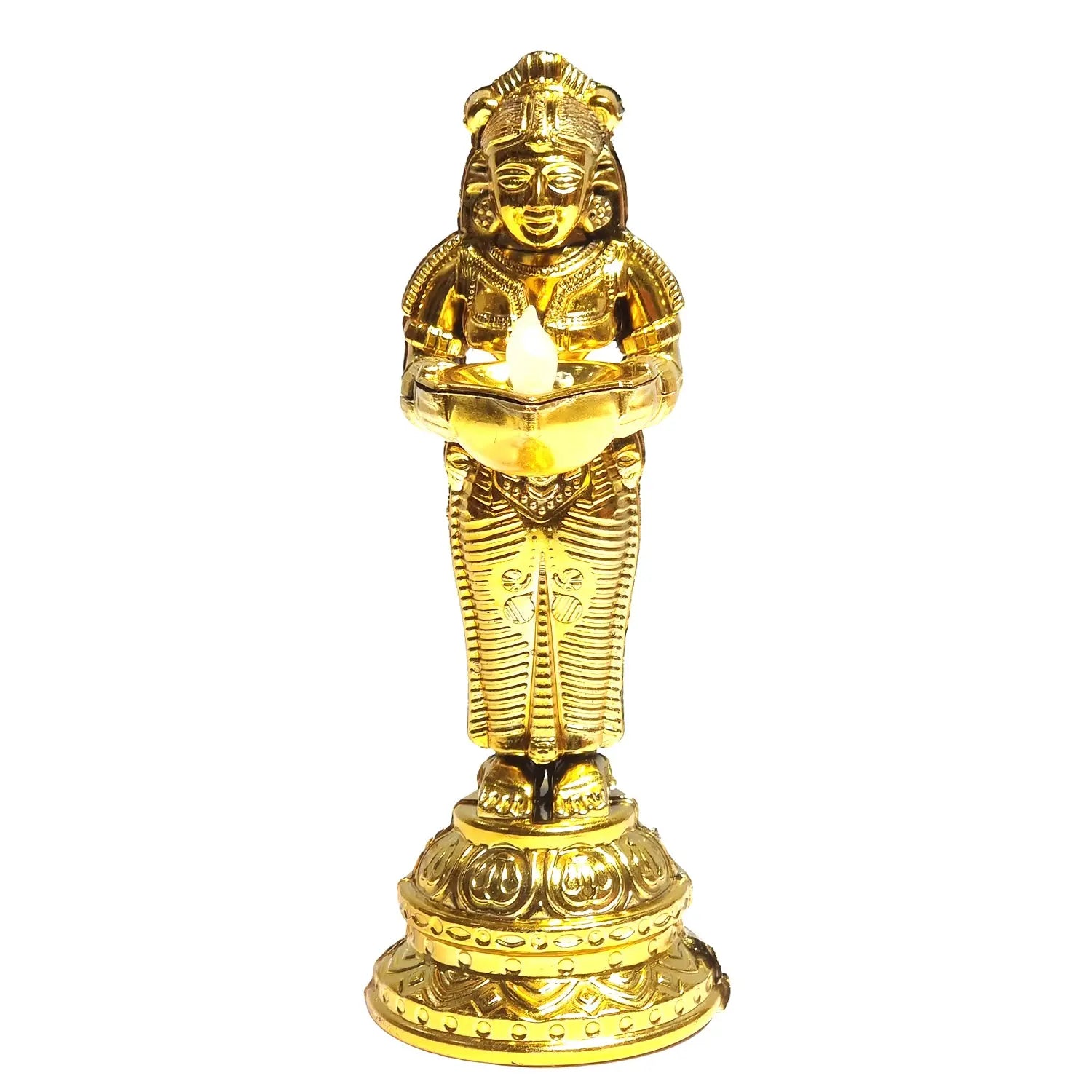 Gold-colored statue of a deity on a white background