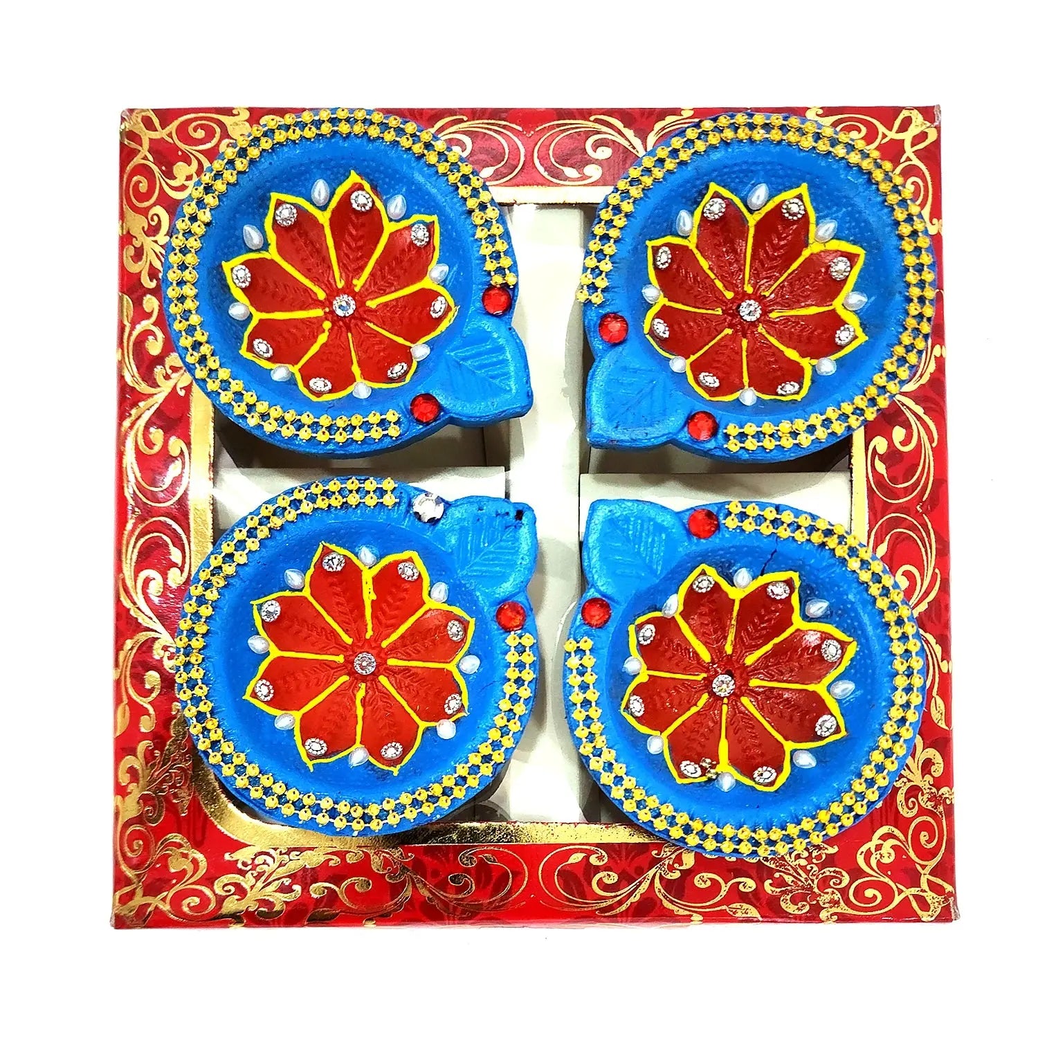 Decorative items with blue and red floral design in a decorative box