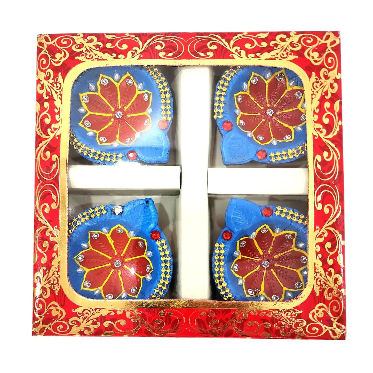 Decorative items with blue and red floral patterns in a decorative box