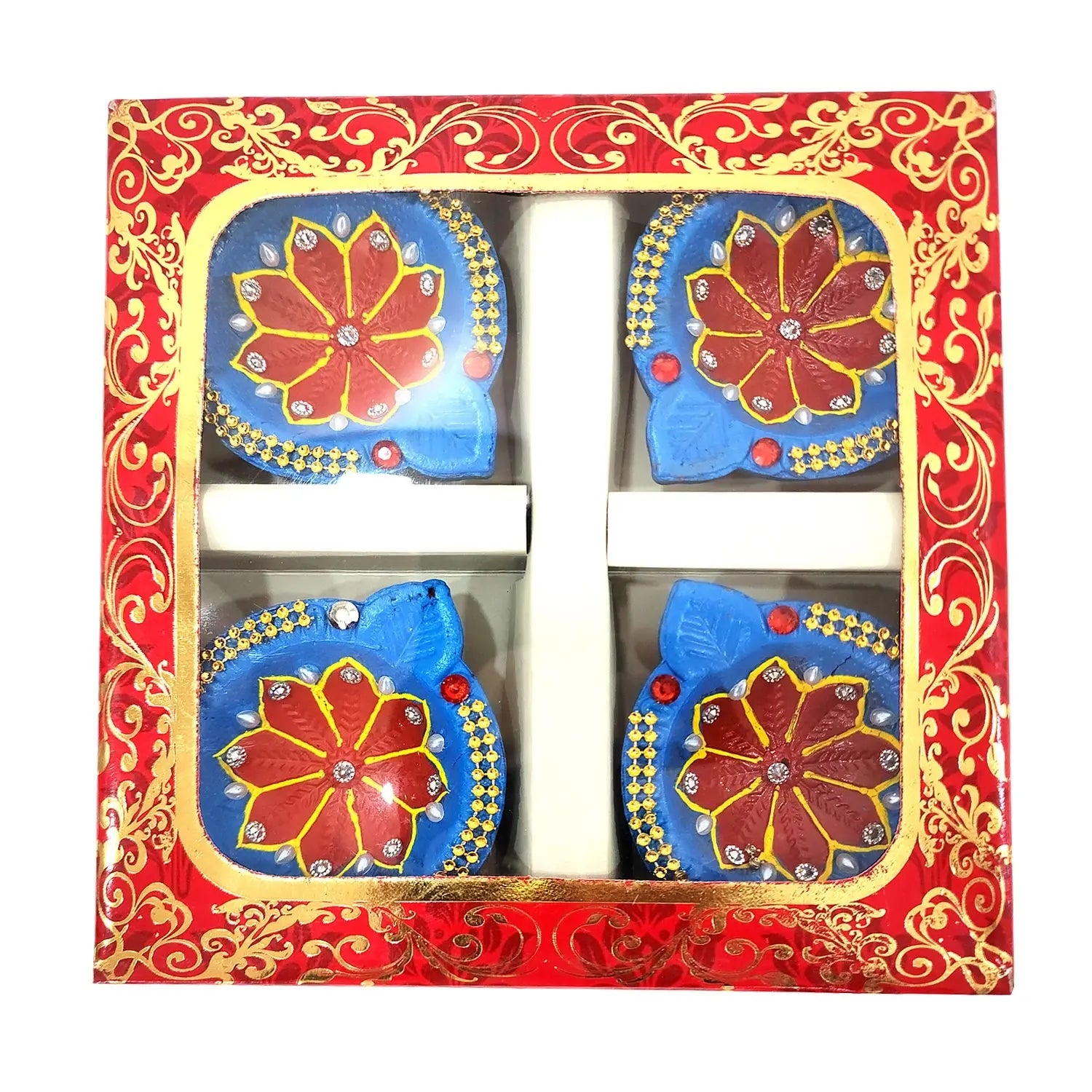 Decorative items with blue and red floral patterns in a decorative box