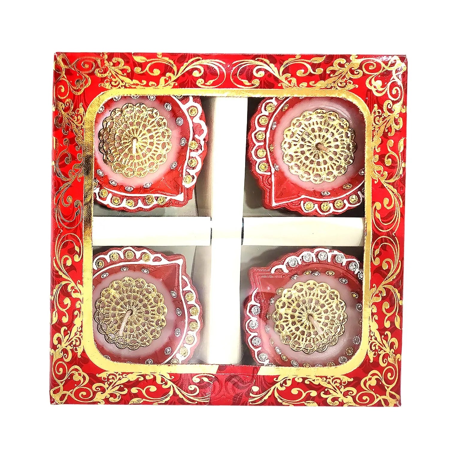 Decorative candles in a red and gold box with intricate patterns