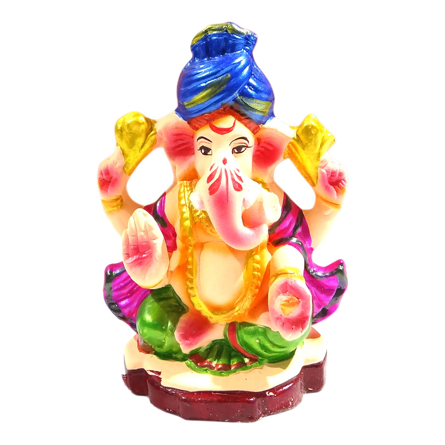 Colorful statue of a deity with a blue turban on a white background