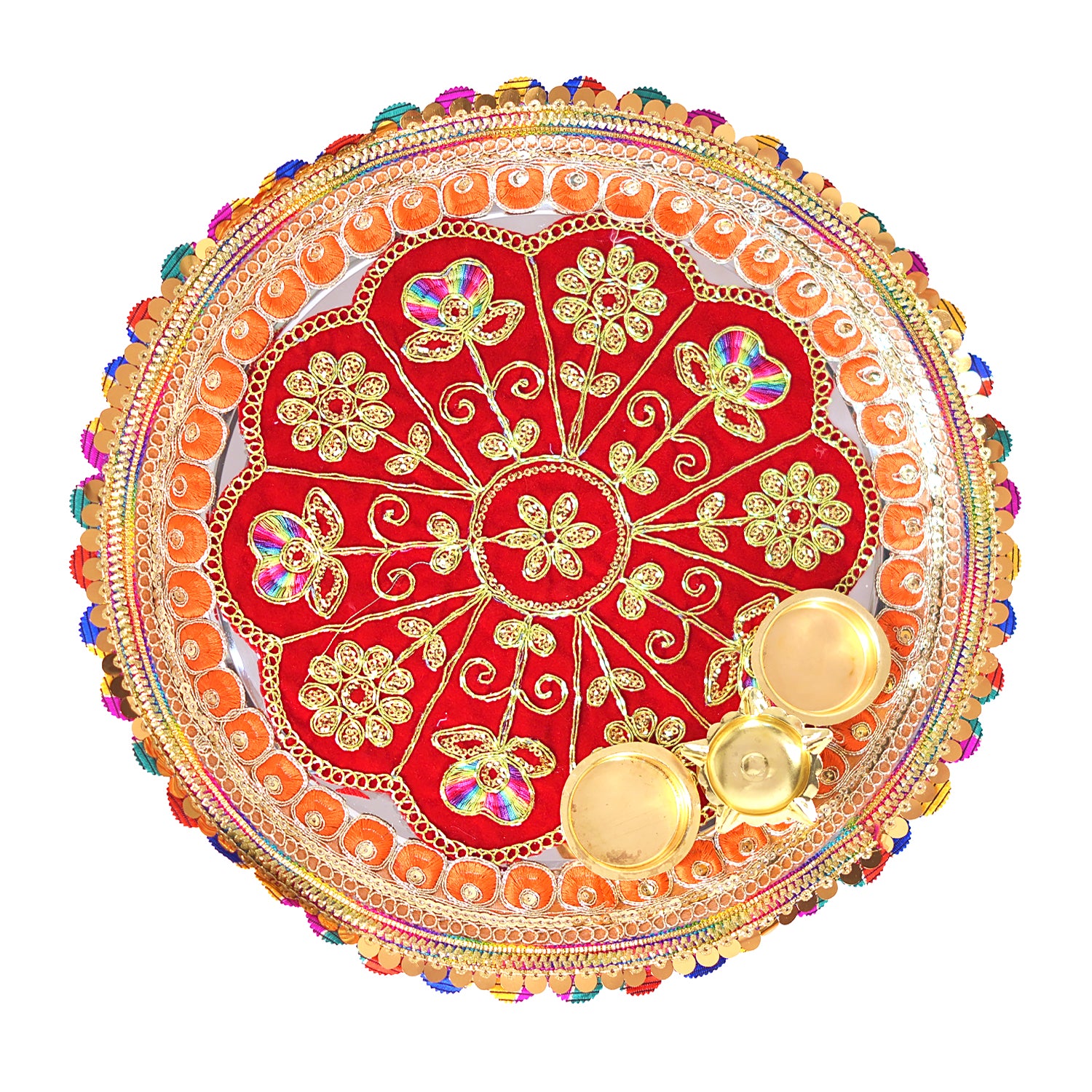 Decorative plate with floral patterns and colorful border on a white, Decorative Pooja Thali 12 Inch for Festivals & Gifting By Upharkaro.