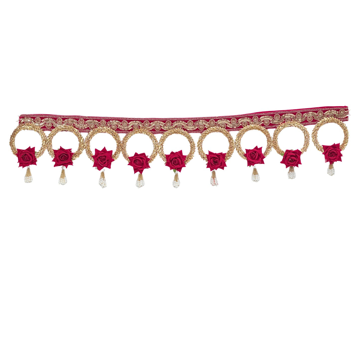 Decorative band with gold patterns and red flowers on a white background
